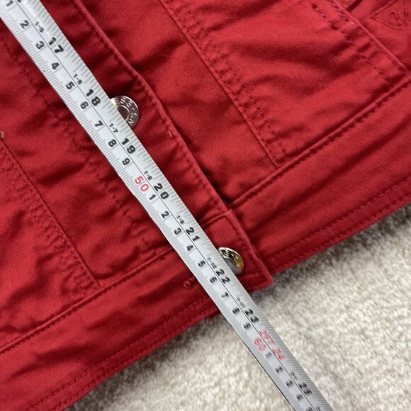 Y2K Guess Denim Jacket Wom M Cherry Red Button Up Jean Trucker Biker Retro - Picture 9 of 11
